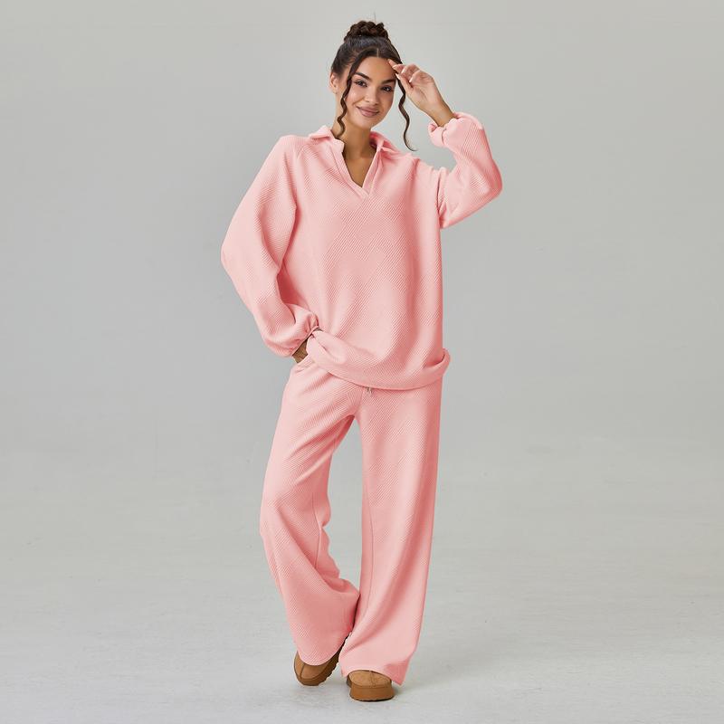 VVZ Women's Slouchy Solid Color V-Neck Loose Textured Pullover & Drawstring Waist Trousers Co-ord