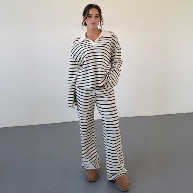 VVZ Women's Casual Color Matching Stripe Long Sleeve Top & Wide Leg Trousers Co-ord