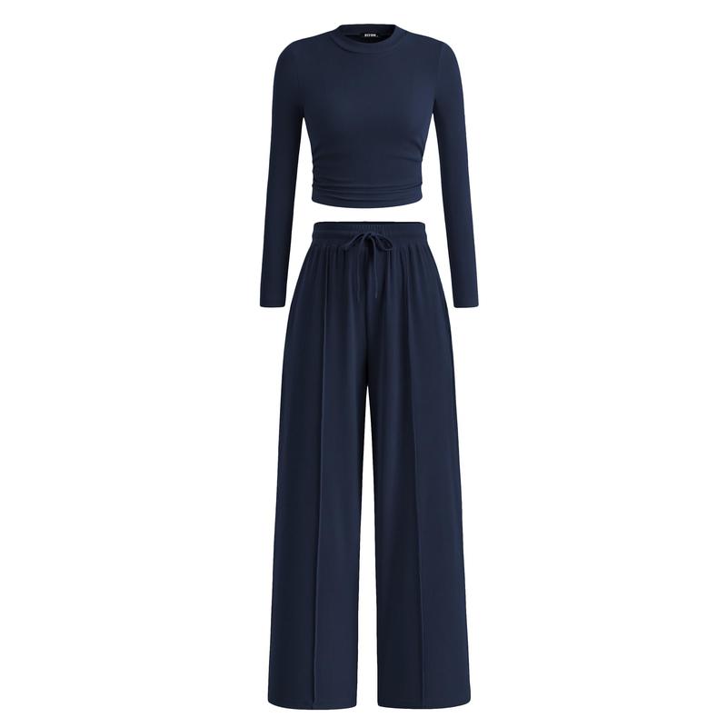 VVZ 2-Piece Ribbed Knit Long Sleeve Crop Top Wide Leg Pants Matching Lounge Set Loungewear
