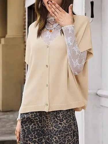 VVZ Lightweight, Short-Sleeve Batwing Knit Top with Button-Front V-Neck