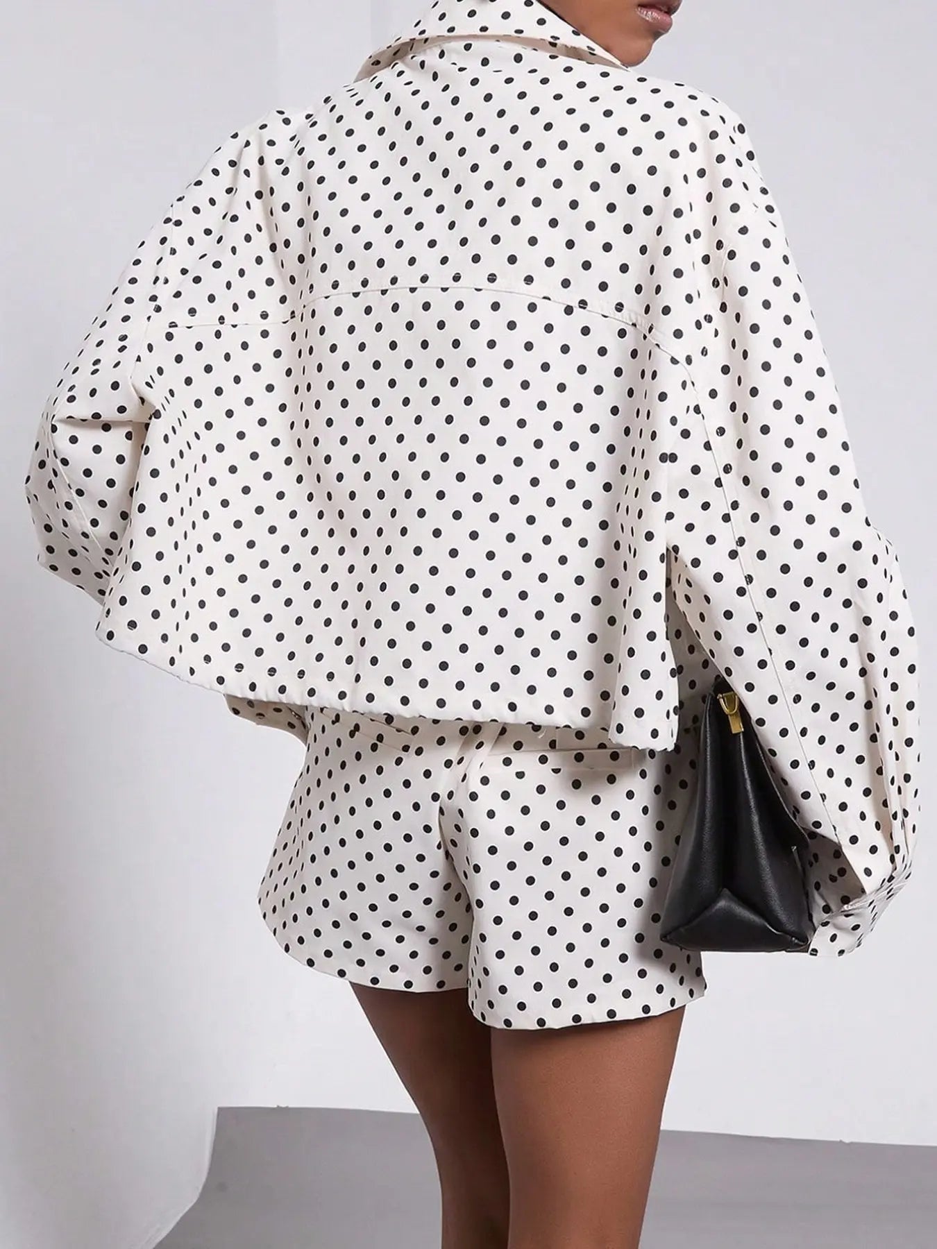 VVZ Retro Polka-Dot Stand-Collar Long-Sleeve Blazer and Shorts Set