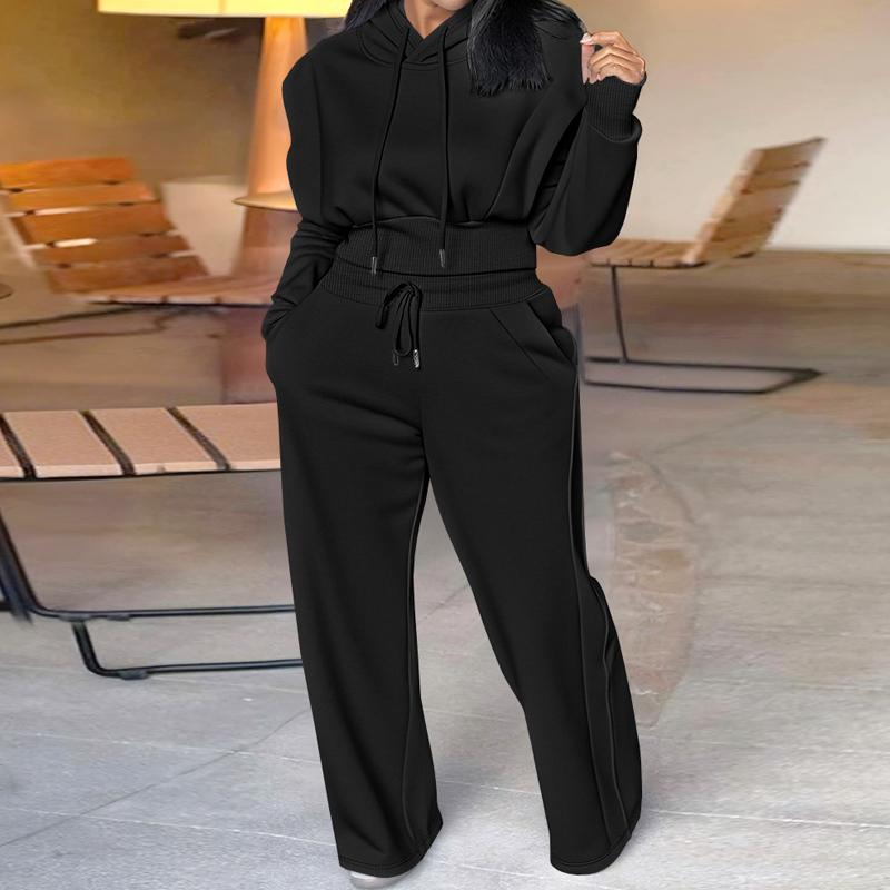 VVZ Hooded Long Sleeve Sweatshirt and Casual Wide Leg Sweatpants Set