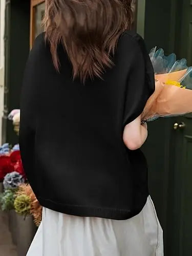 VVZ Lightweight, Short-Sleeve Batwing Knit Top with Button-Front V-Neck