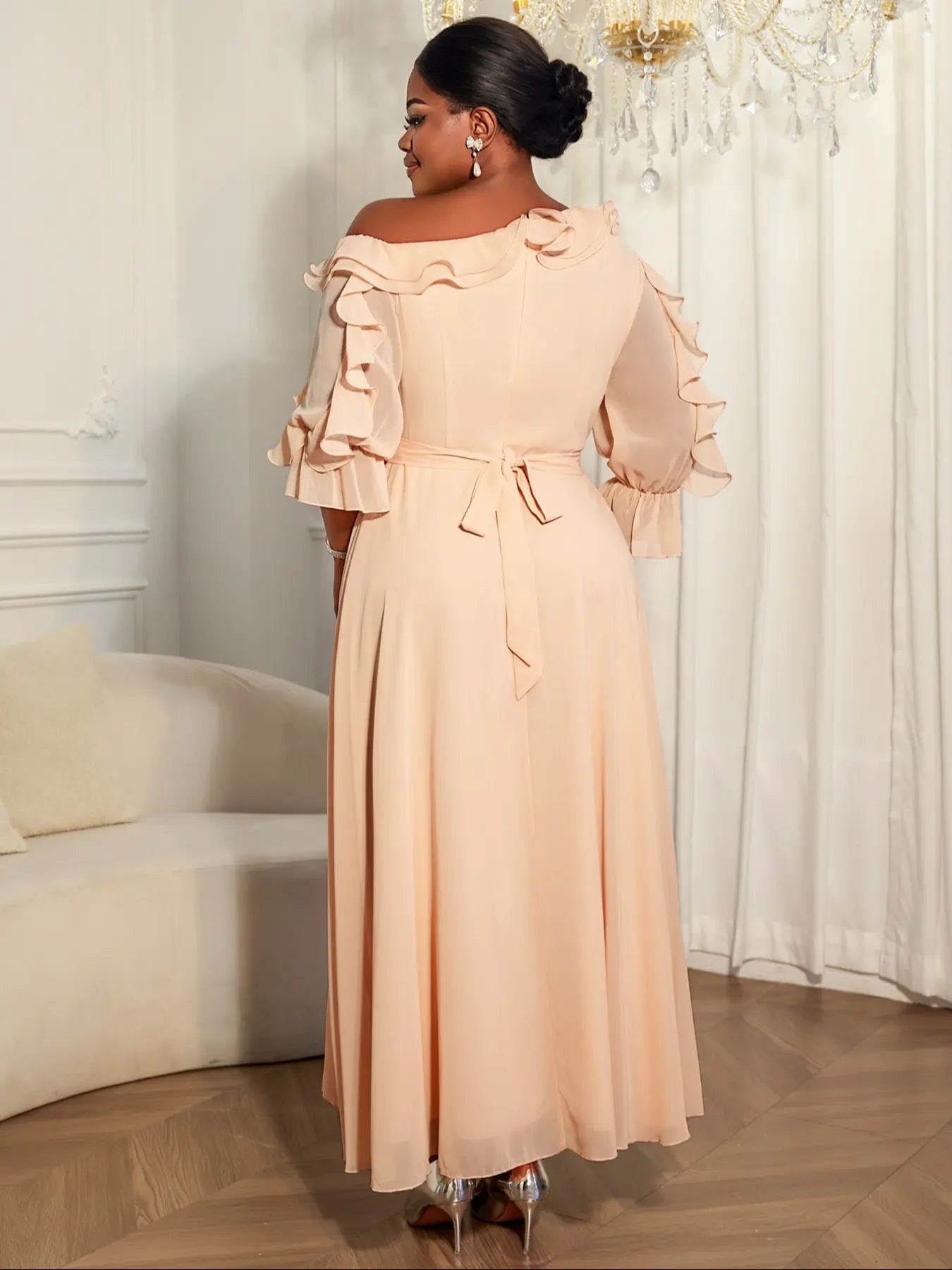 VVZ Women's Chiffon Long-Sleeve Off-Shoulder Dress
