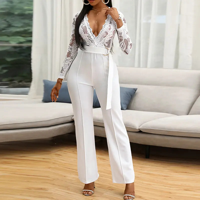 VVZ Deep V-neck floral lace-panel jumpsuit with lace trim