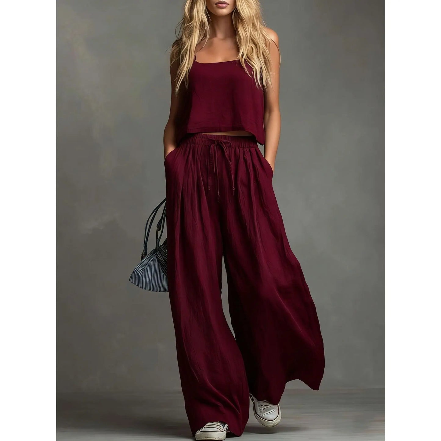VVZ Spring/Summer Women's Solid-Color Casual Strappy Top and Wide-Leg Pants Set