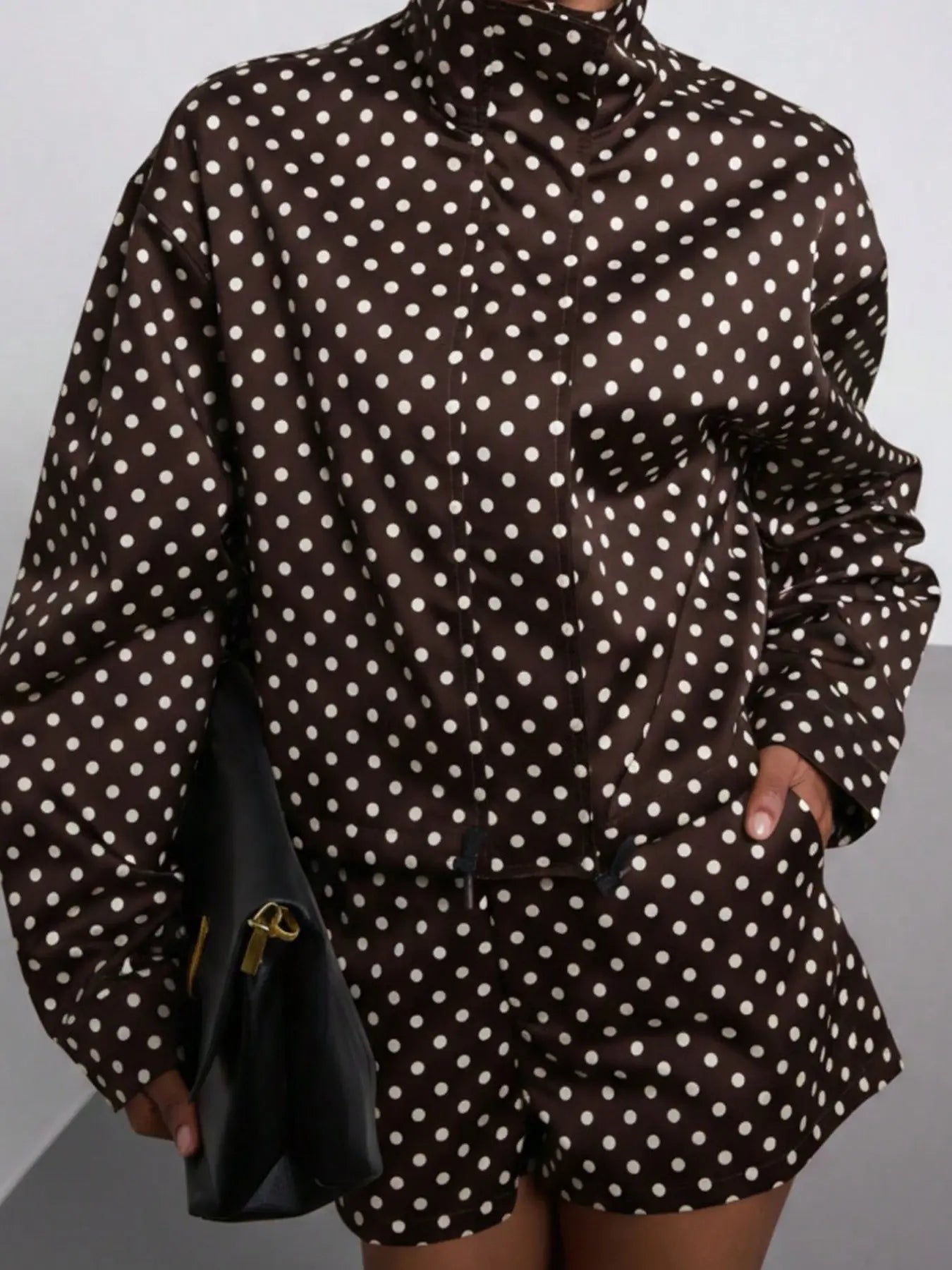 VVZ Retro Polka-Dot Stand-Collar Long-Sleeve Blazer and Shorts Set