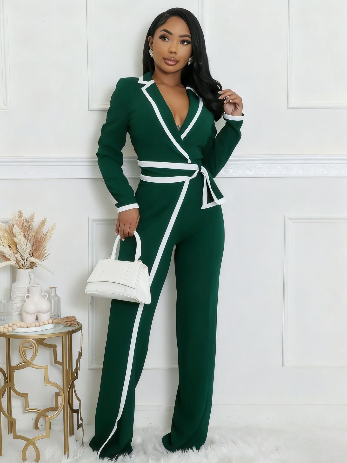 VVZ Women's Color-Block Patchwork Lapel Jumpsuit with Shoulder Pads