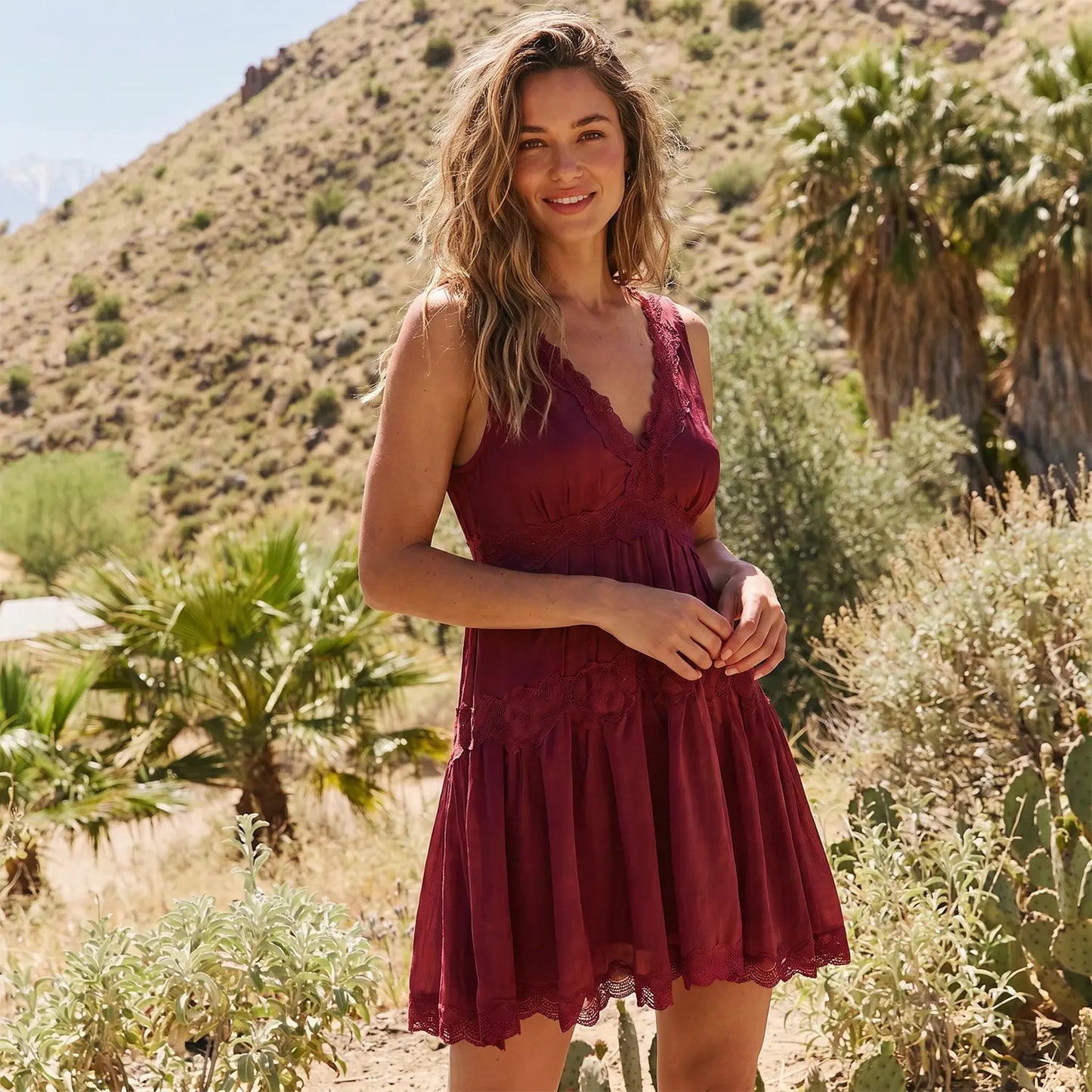 VVZ Boho-style lace-panel camisole mini dress