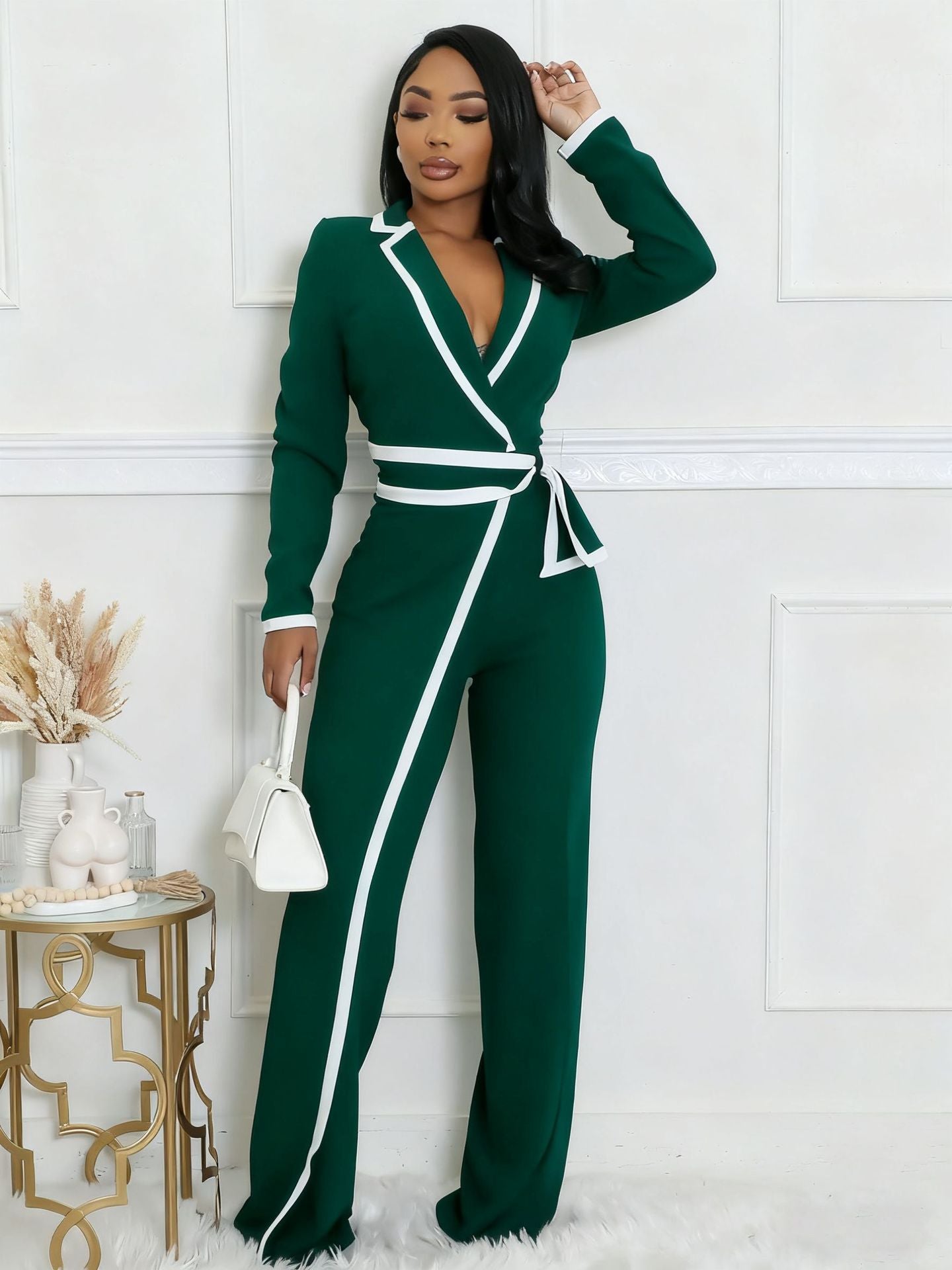 VVZ Women's Color-Block Patchwork Lapel Jumpsuit with Shoulder Pads
