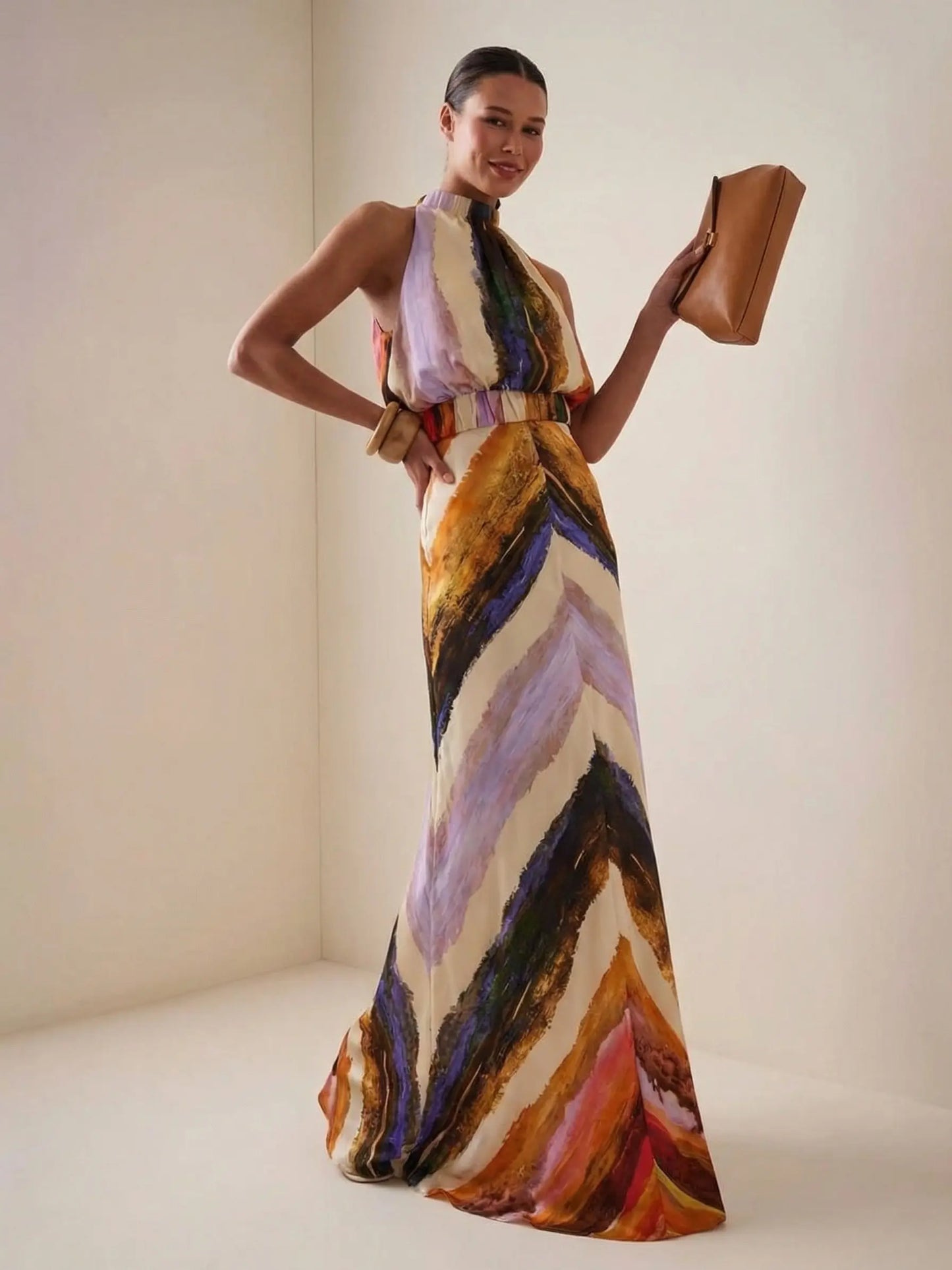VVZ Elegant Abstract-Print Vest and High-Waisted Maxi Skirt Set