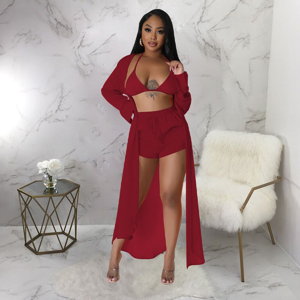 VVZ Women's Solid Color Button Front Shirt & Shorts Two-Piece Set