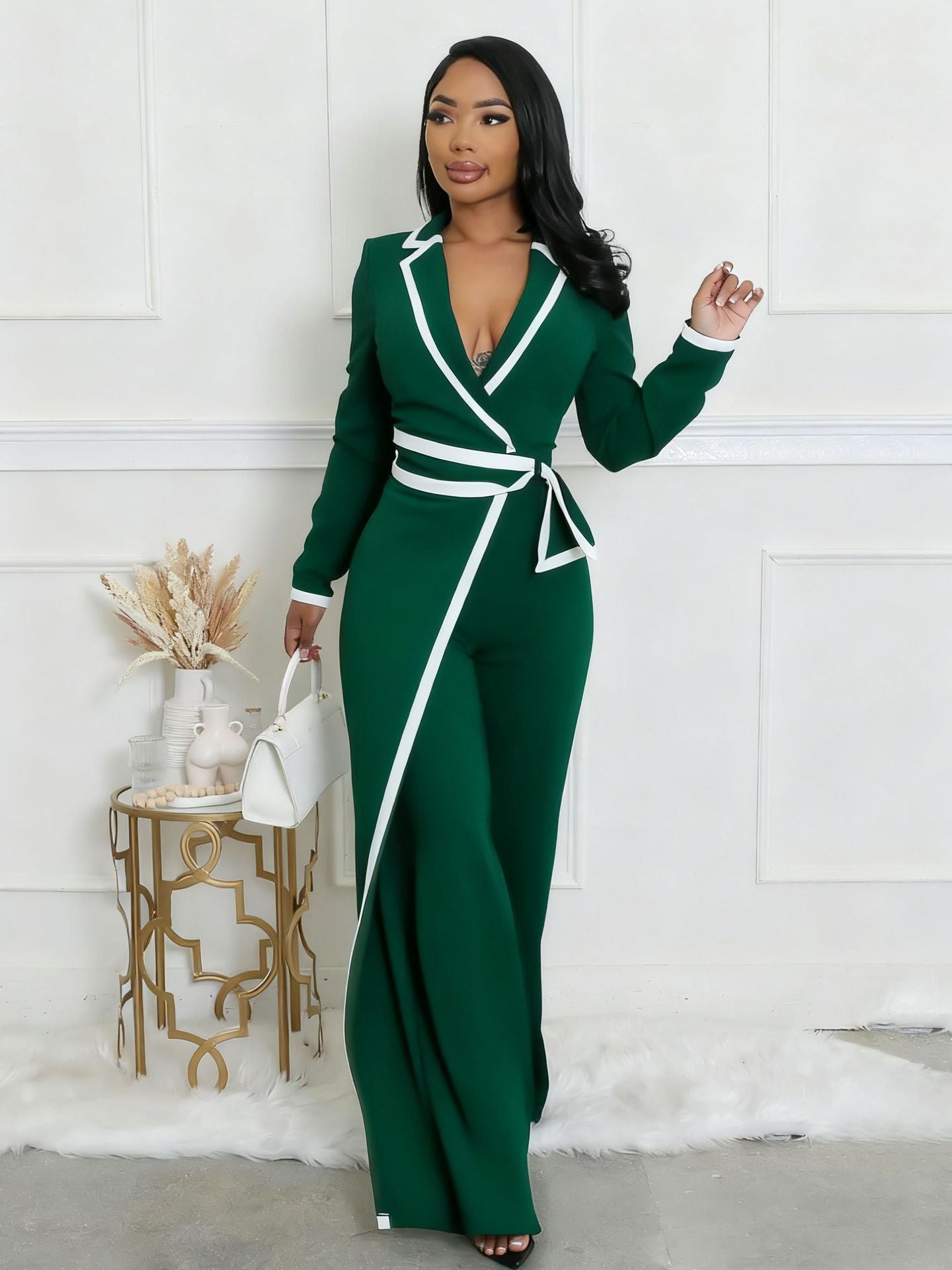 VVZ Women's Color-Block Patchwork Lapel Jumpsuit with Shoulder Pads