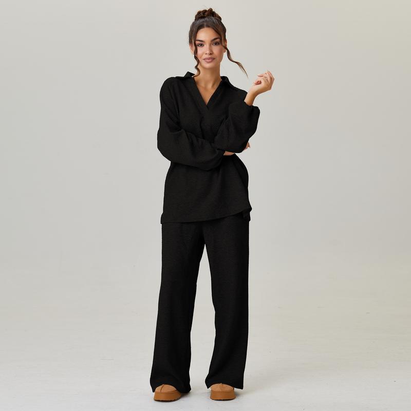 VVZ Women's Slouchy Solid Color V-Neck Loose Textured Pullover & Drawstring Waist Trousers Co-ord