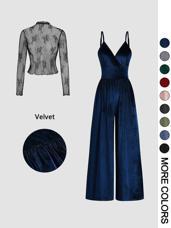 VVZ Women's Solid Color Lace Tee & Pocket Jumpsuit Two-piece Set