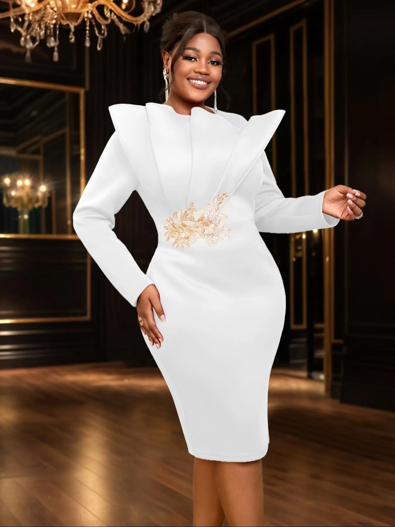 VVZ Plus-Size Fashion Embroidered Long-Sleeve Party Dress
