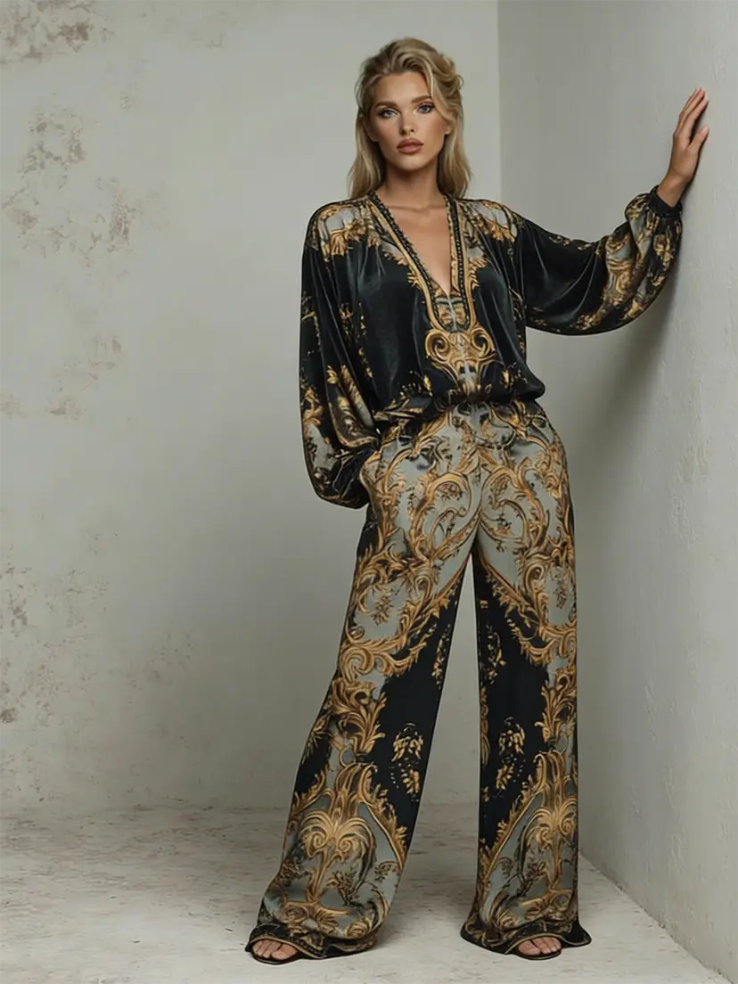 VVZ Deep V-Neck Top and High-Waisted Wide-Leg Pants