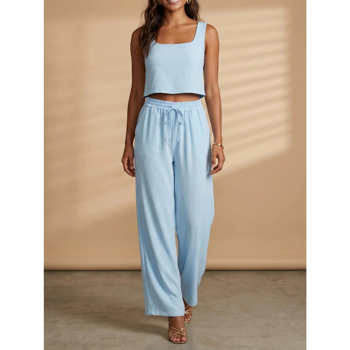 VVZ Spring/Summer Women's Solid-Color Casual Strappy Top and Wide-Leg Pants Set