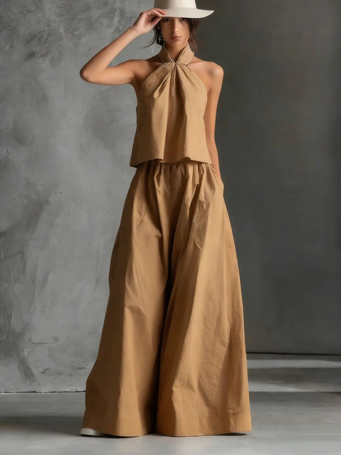 VVZ Loose-neckline sleeveless top and high-waisted wide-leg trousers