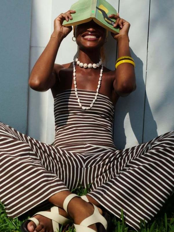 VVZ Women's Striped Print Crop Tube Top & Wide Leg Pants Set