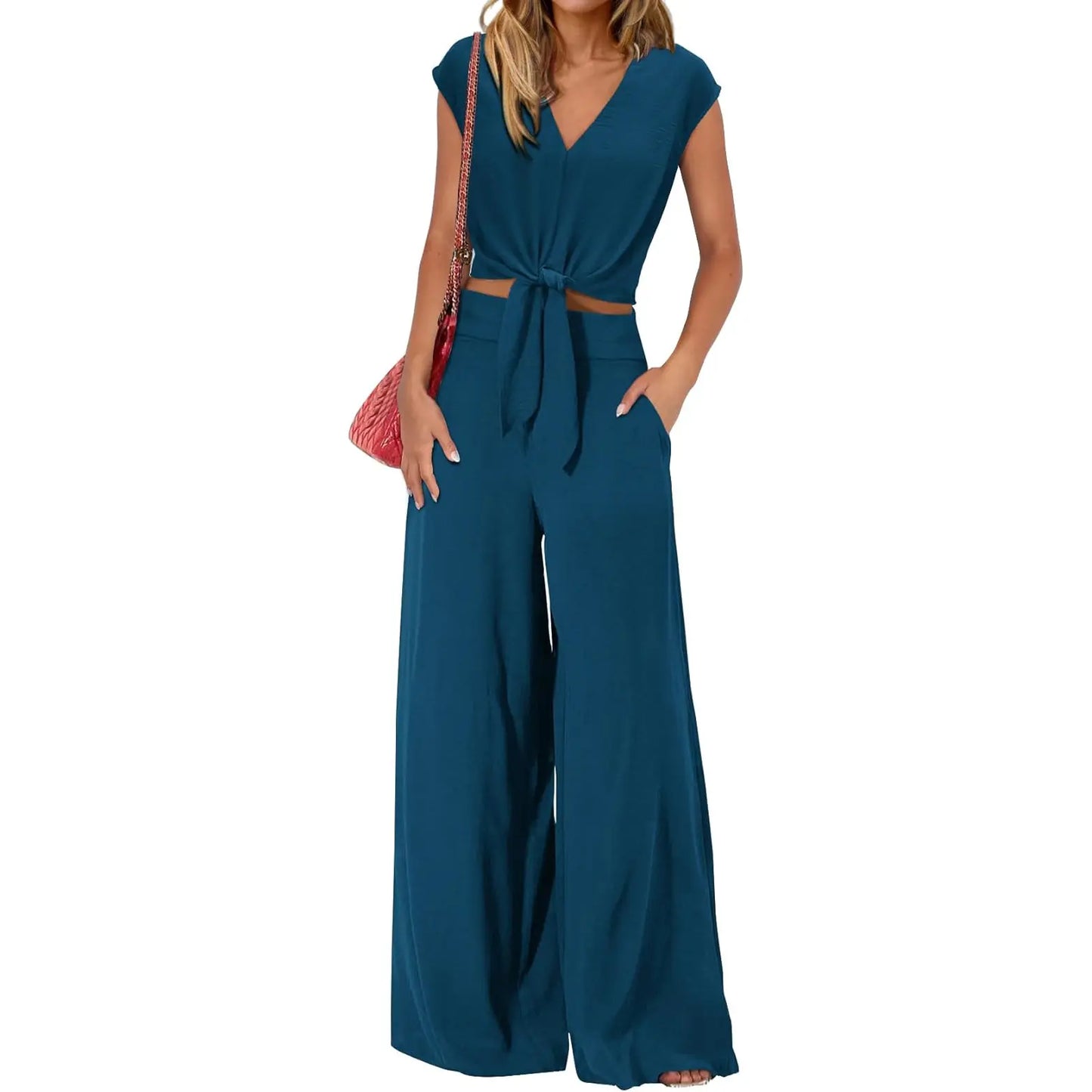 VVZ Short-sleeved V-neck cropped top with tie and wide-leg pants