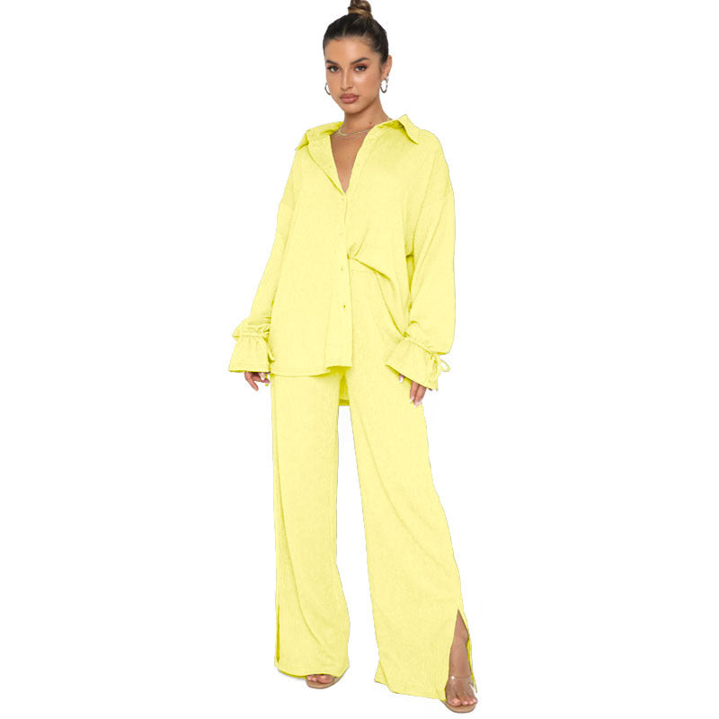 VVZ Women's Solid-Color Collared Button-Down Shirt and Slit-Hem Trousers Set