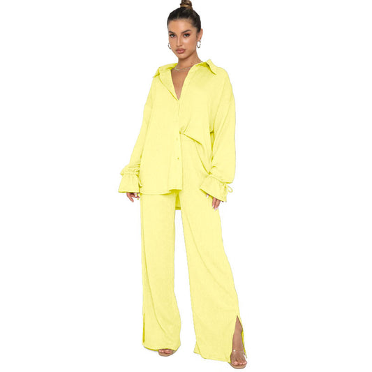 VVZ Women's Solid-Color Collared Button-Down Shirt and Slit-Hem Trousers Set