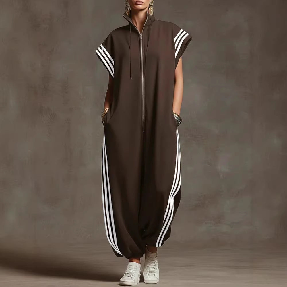 VVZ Stylish Color-Block Striped Jumpsuit with Zip-Up Stand Collar