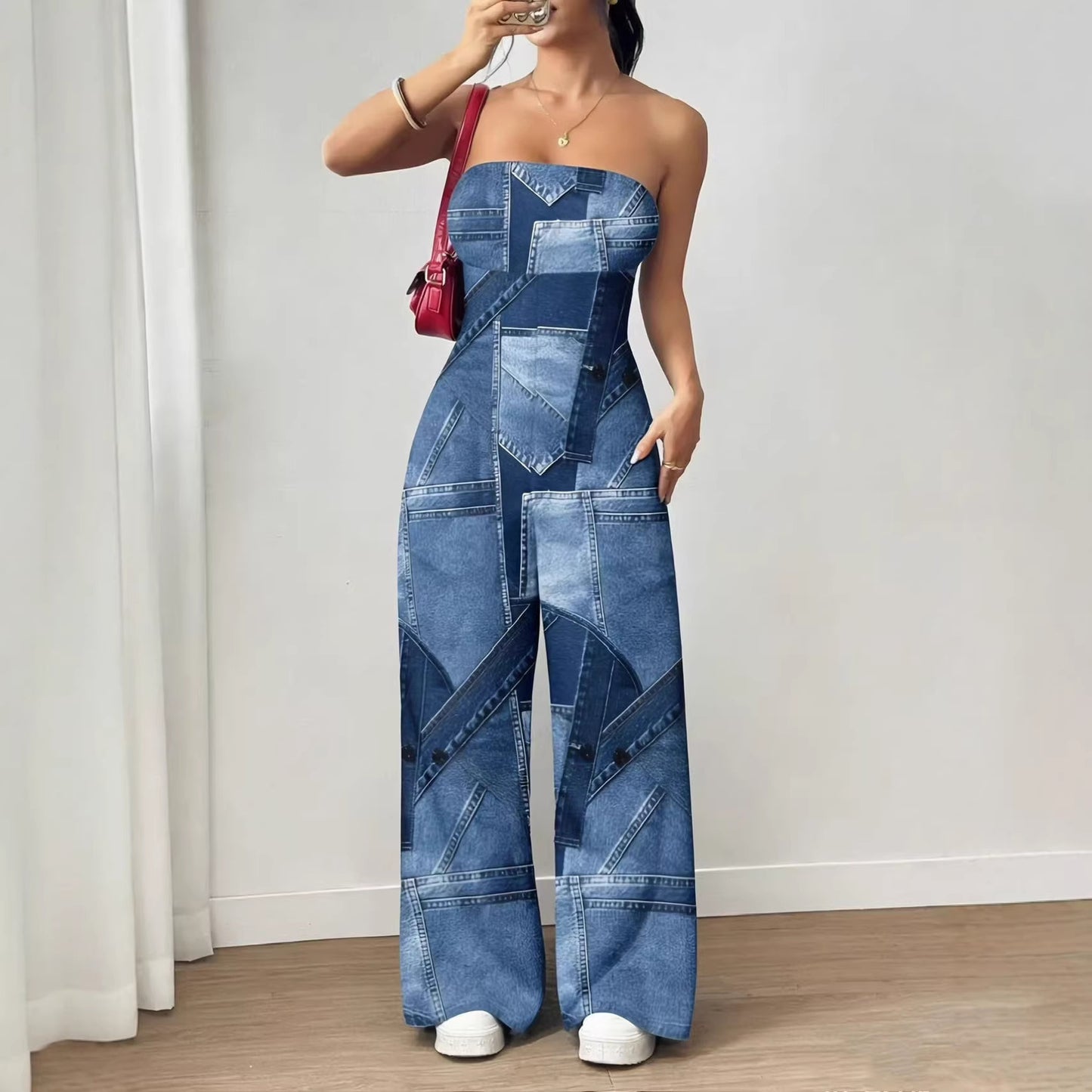 VVZ Trendy Faux-Denim Print Jumpsuit