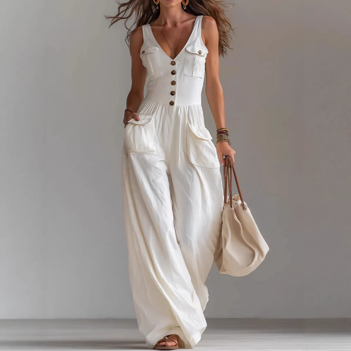 VVZ Women's Solid-Color Sleeveless Jumpsuit