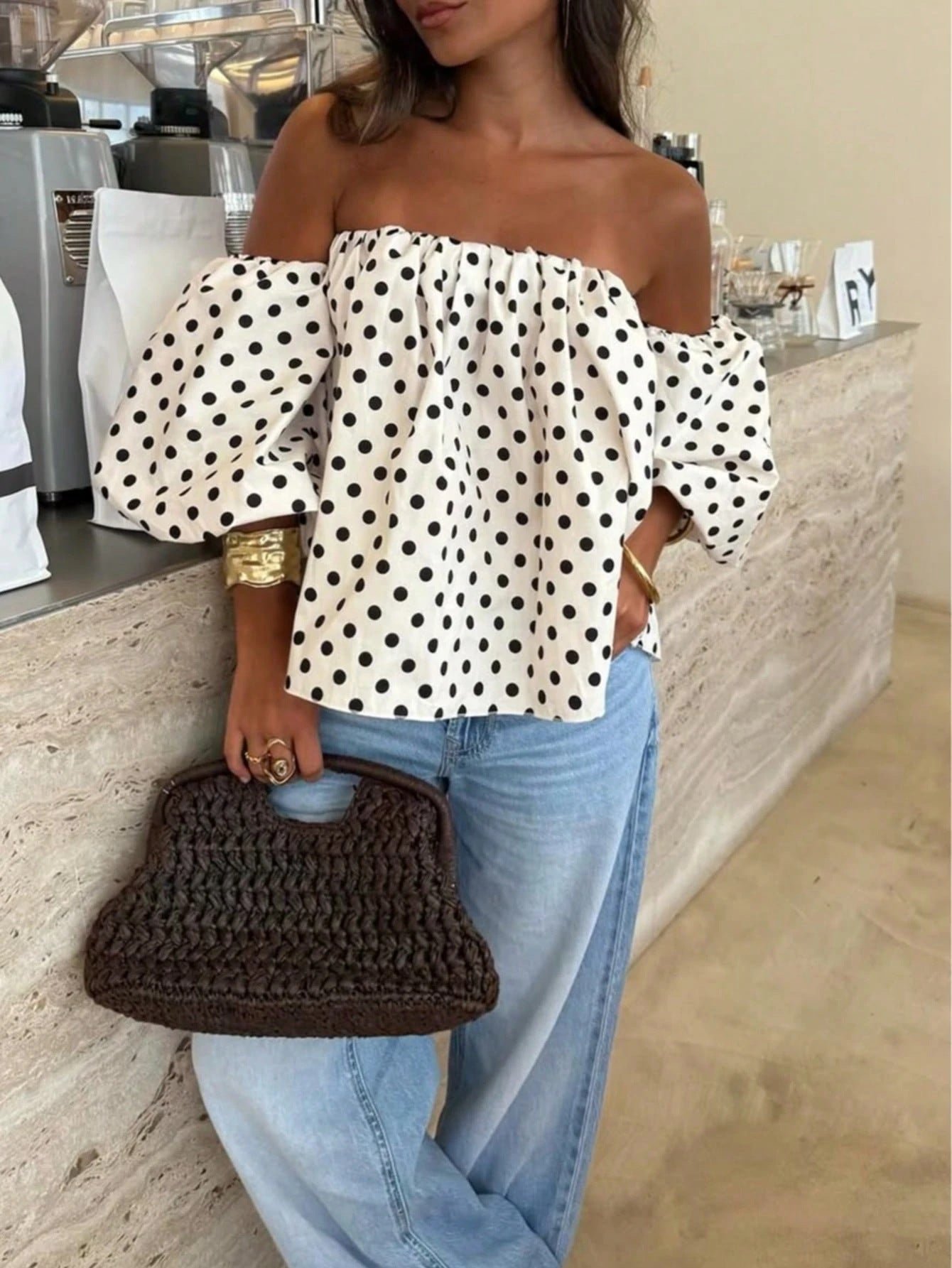VVZ Women's Polka-Dot Color-Block Pleated One-Shoulder Top