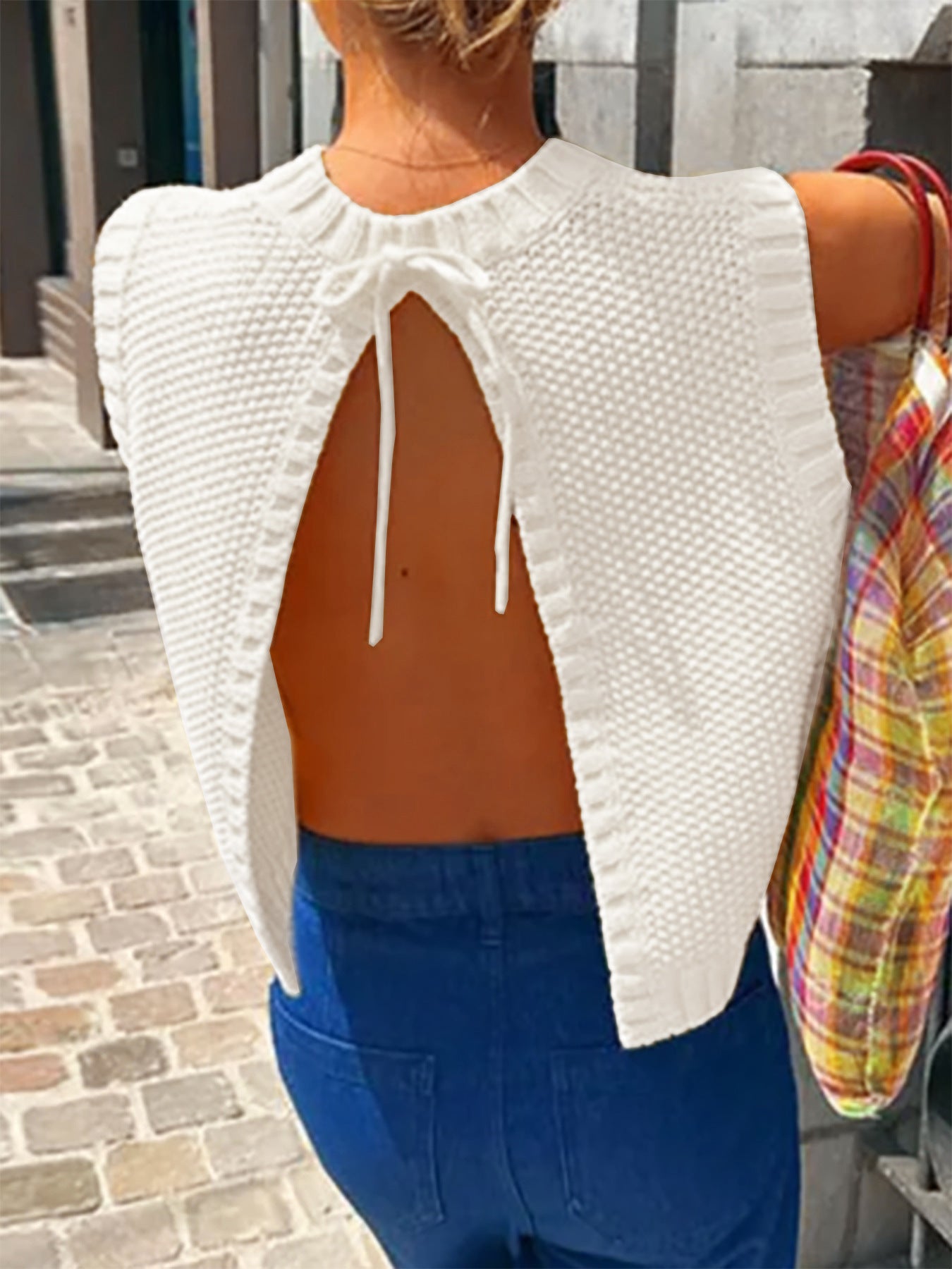 VVZ Women's Solid-Color Sweater Vest with Back Slit and Tie Detail
