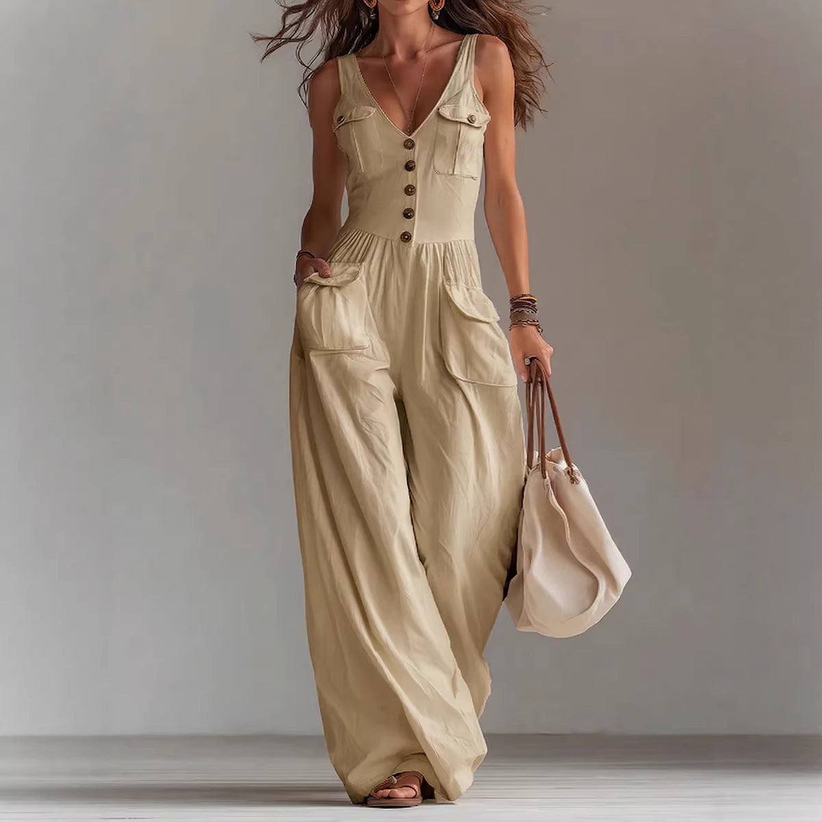 VVZ Women's Solid-Color Sleeveless Jumpsuit