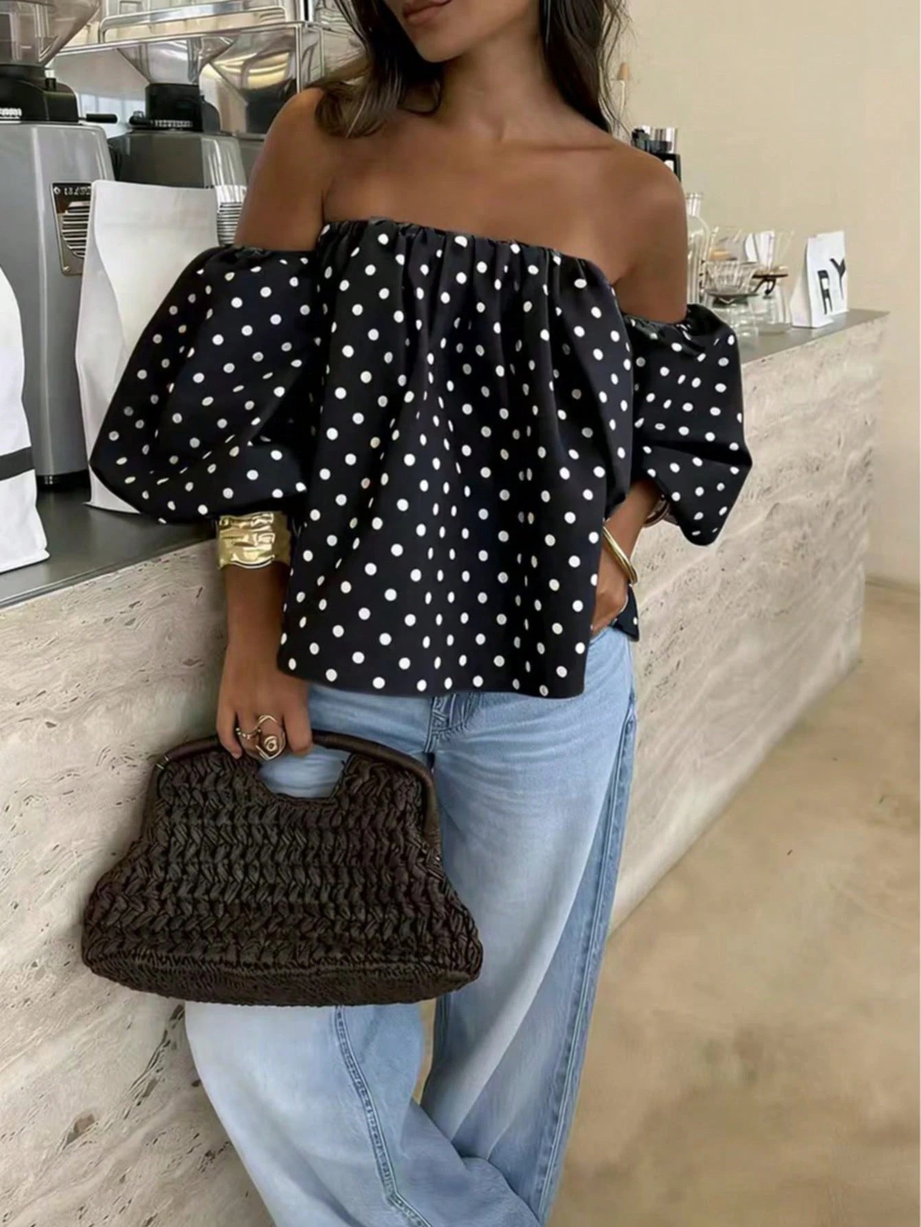 VVZ Women's Polka-Dot Color-Block Pleated One-Shoulder Top