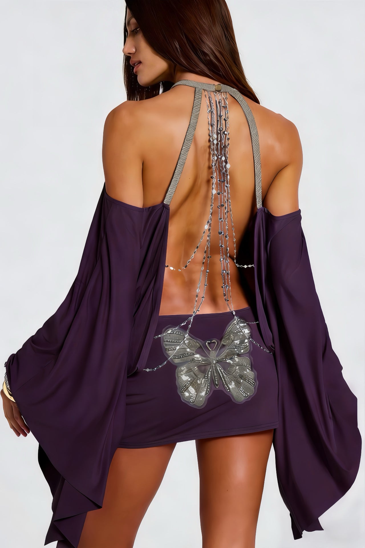VVZ Batwing sleeve butterfly chain backless sexy dress