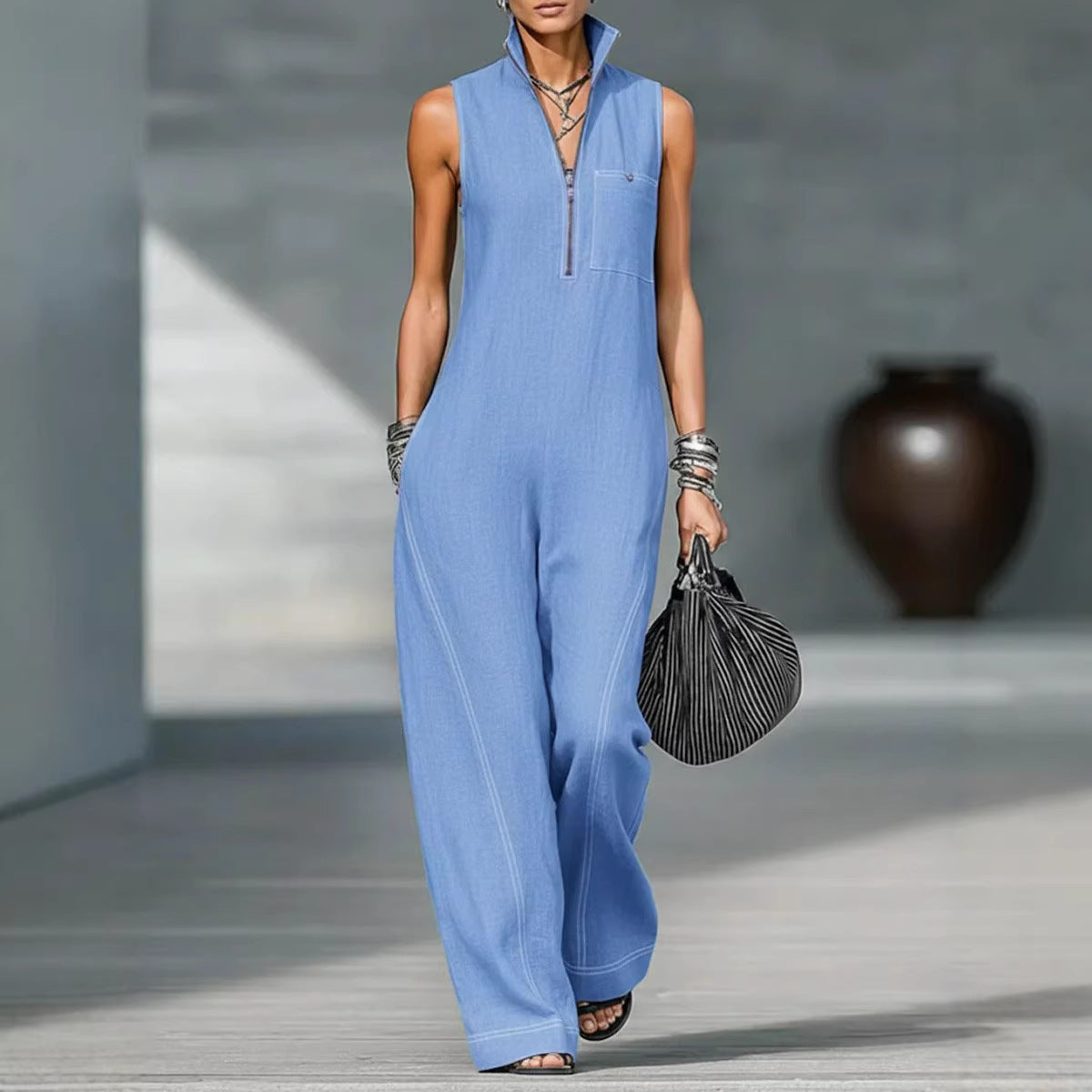 VVZ Women's Stand-Collar Sleeveless Loose-Fit Casual Jumpsuit