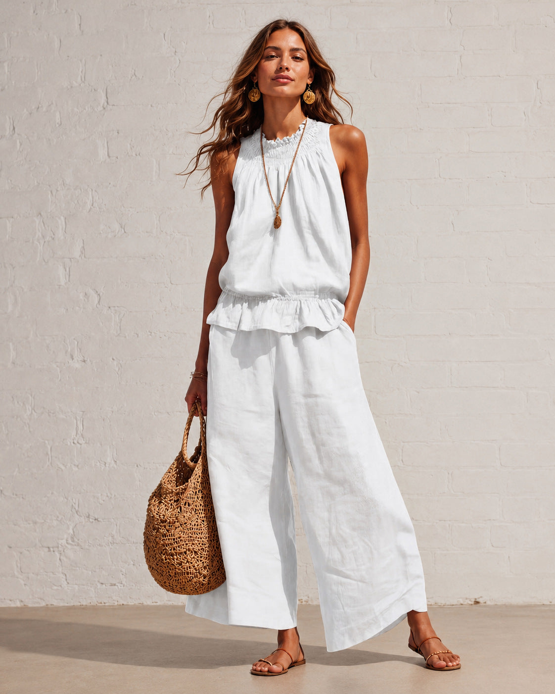 VVZ Women's Summer Solid-Color Casual Cotton-Linen Sleeveless Top and Trousers