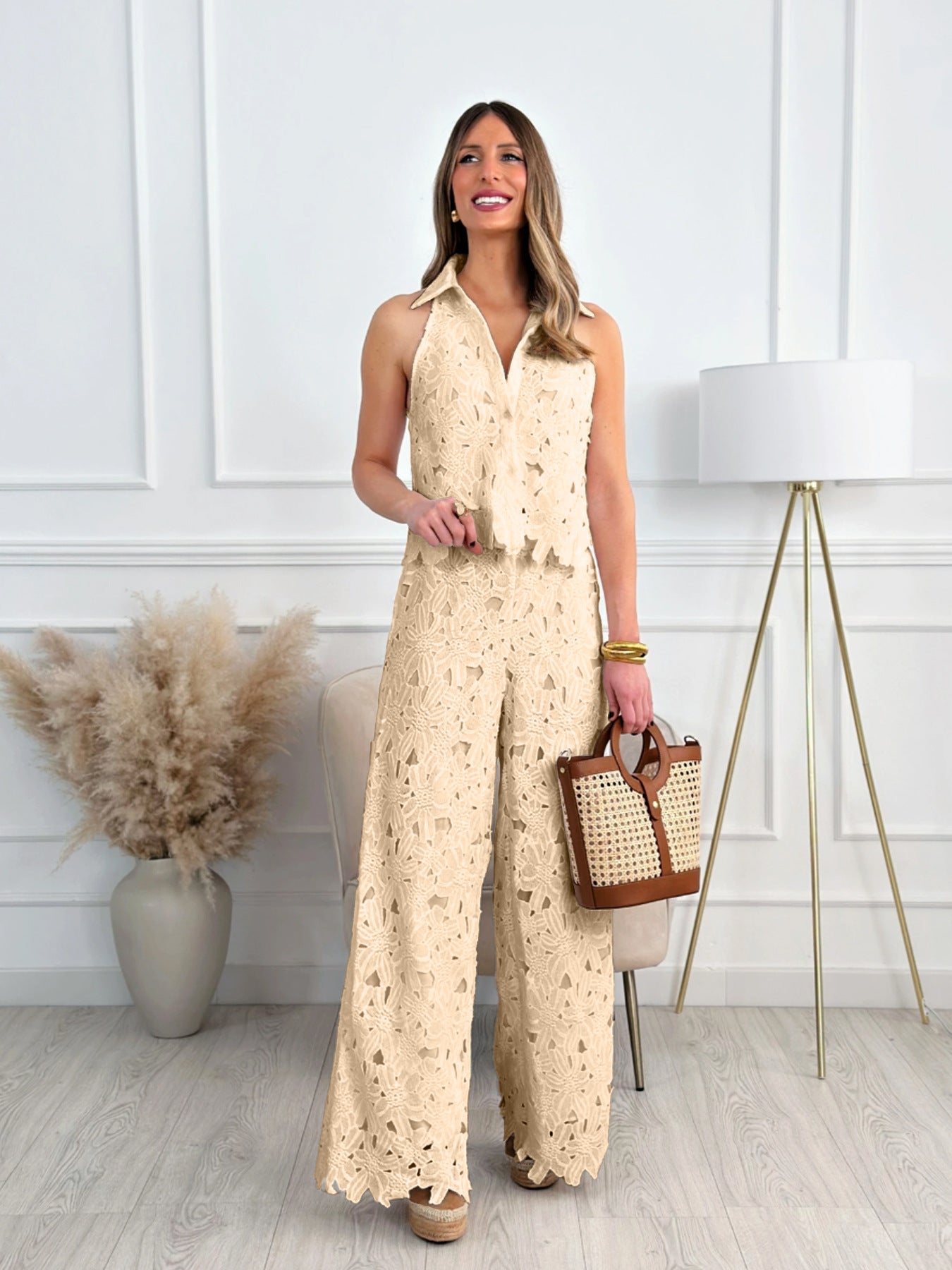 VVZ V-Neck Vest Top and Wide-Leg Straight-Cut Trousers