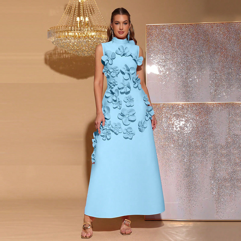 VVZ French-Style 3D Floral A-Line Maxi Dress