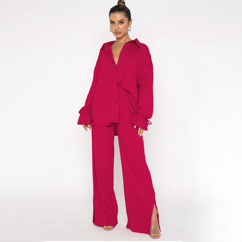 VVZ Women's Solid-Color Collared Button-Down Shirt and Slit-Hem Trousers Set