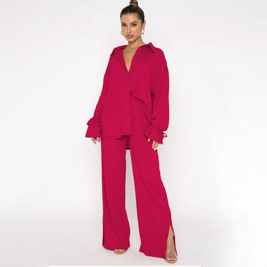 VVZ Women's Solid-Color Collared Button-Down Shirt and Slit-Hem Trousers Set