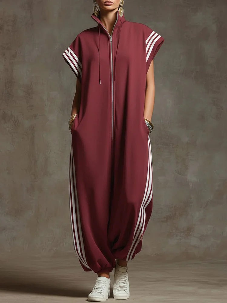 VVZ Stylish Color-Block Striped Jumpsuit with Zip-Up Stand Collar