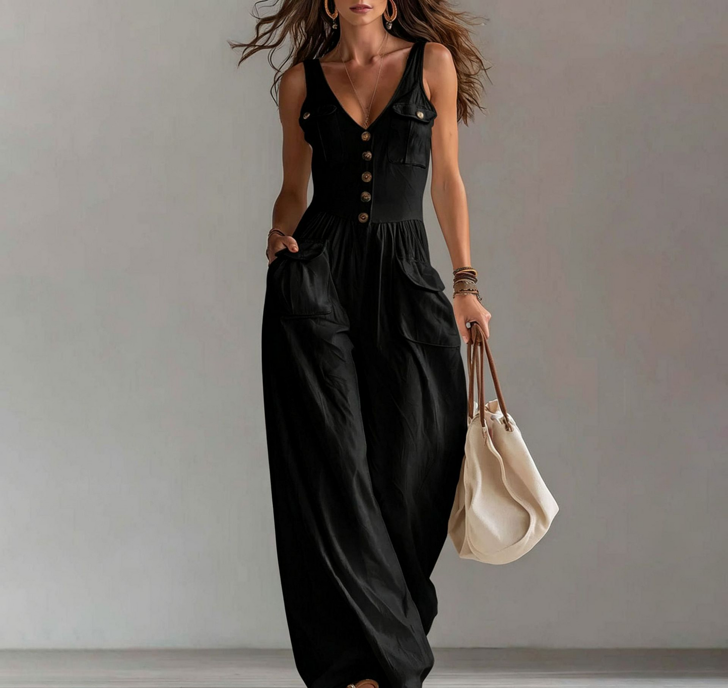 VVZ Women's Solid-Color Sleeveless Jumpsuit