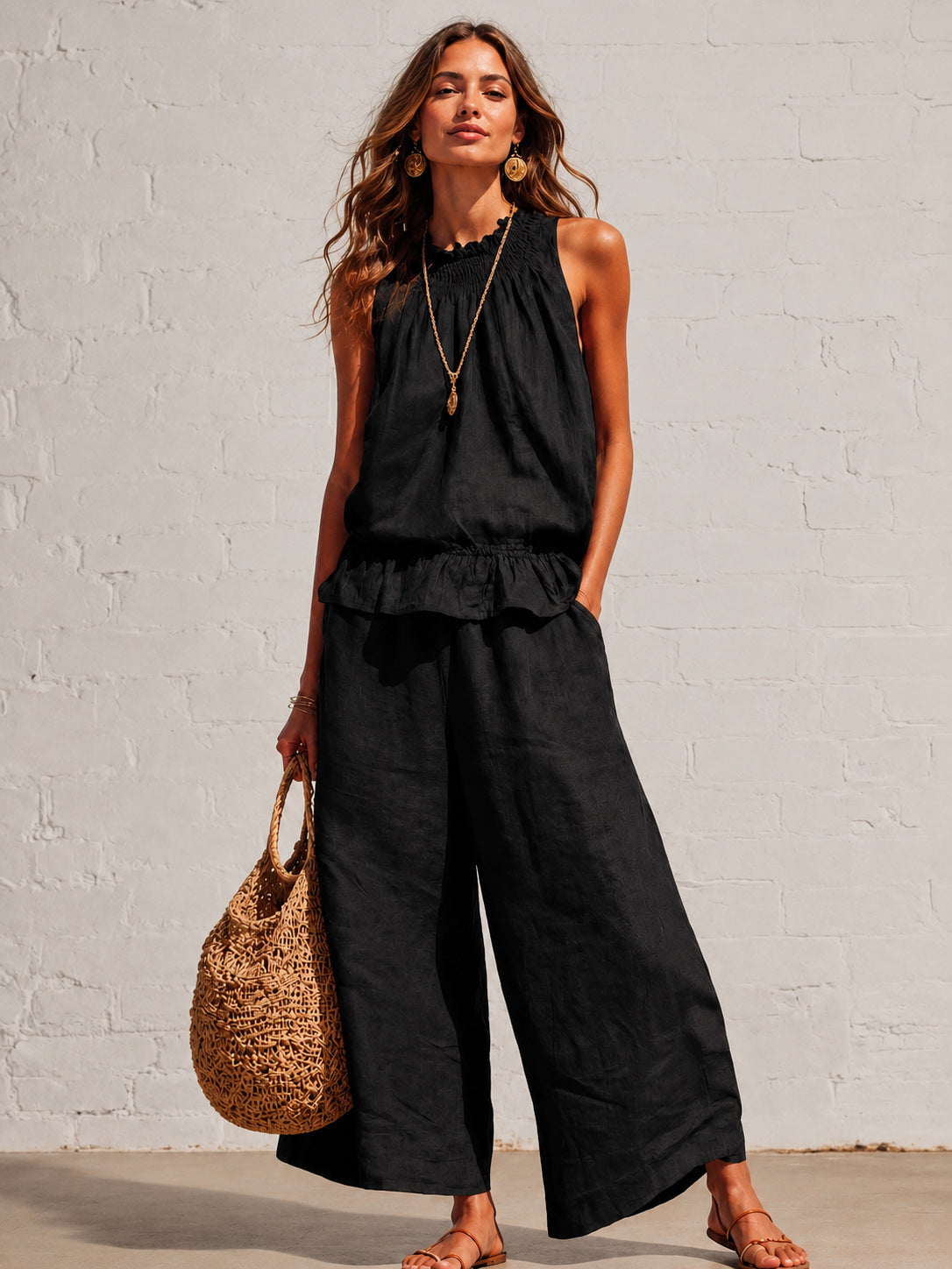 VVZ Women's Summer Solid-Color Casual Cotton-Linen Sleeveless Top and Trousers