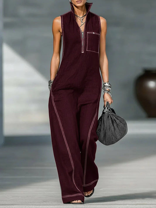 VVZ Women's Stand-Collar Sleeveless Loose-Fit Casual Jumpsuit