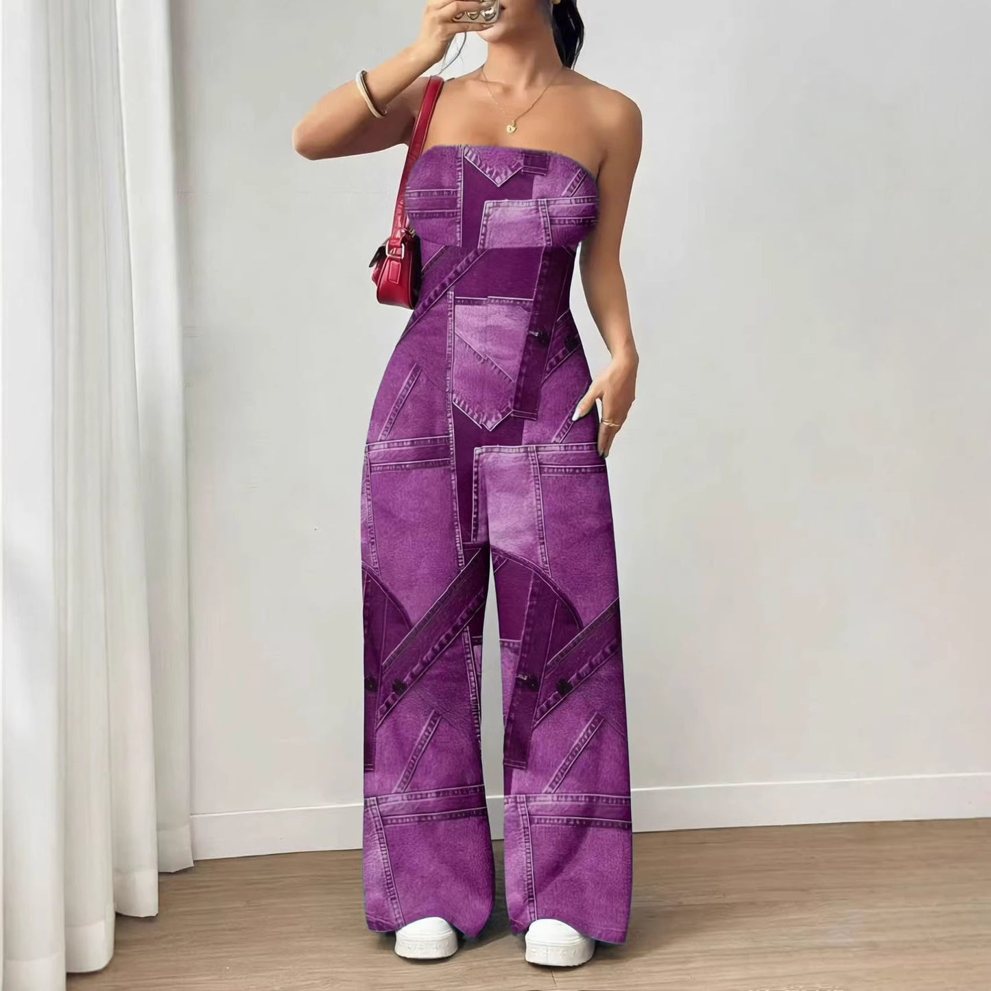 VVZ Trendy Faux-Denim Print Jumpsuit