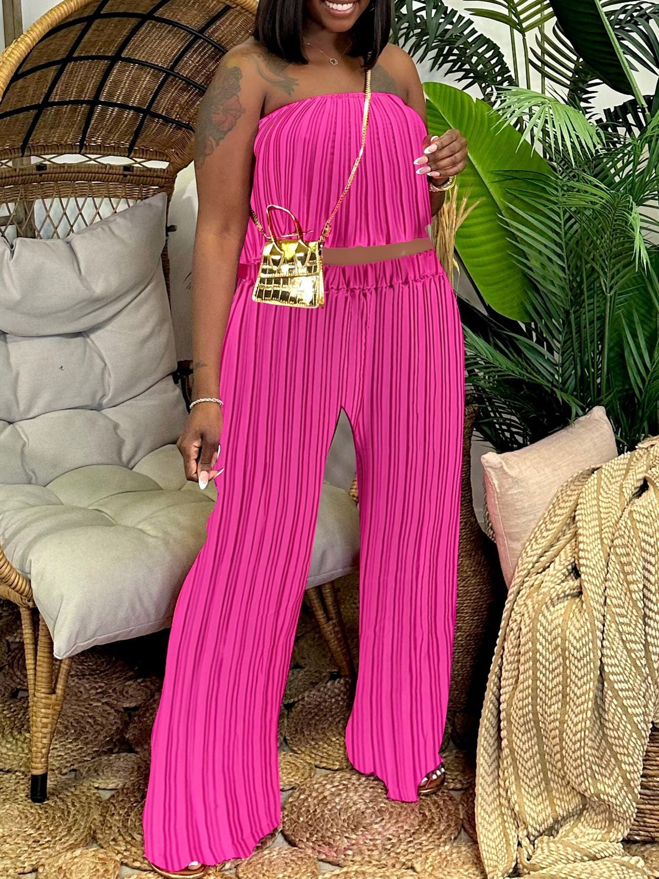 VVZ Strapless Top and Wide-Leg Pants