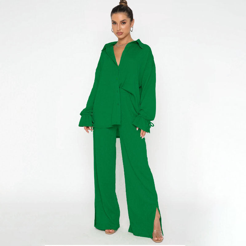 VVZ Women's Solid-Color Collared Button-Down Shirt and Slit-Hem Trousers Set