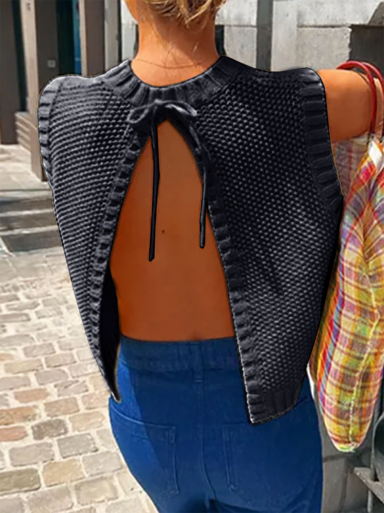 VVZ Women's Solid-Color Sweater Vest with Back Slit and Tie Detail