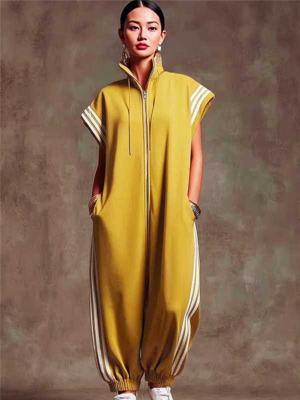 VVZ Stylish Color-Block Striped Jumpsuit with Zip-Up Stand Collar